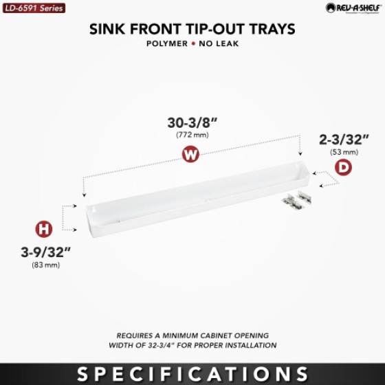 Rev-A-Shelf 30-inch Flip-Top Plastic Sink Tray for Kitchen and Bathroom Cabinets, Large Pull-Out Dresser Shelf, Home Storage Rack, White LD-6591-30-11-1